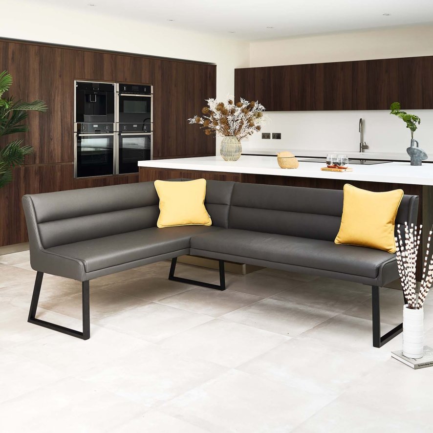 Paulo Corner Bench – Anthracite Grey faux leather dining bench with yellow cushions